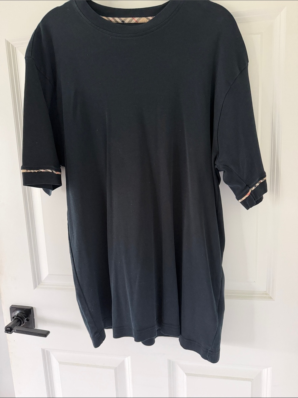 Burberry Black Men’s Short-Sleeve Golf Shirt with Plaid Trim